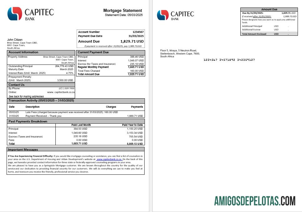 Extrato de hipoteca do Capitec Bank da África do Sul em formatos Word e PDF exemplo real